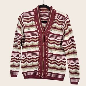 VTG PV Knitwewar‎ Vintage Knit Cardigan Sweater Button Down Large Red Pointelle